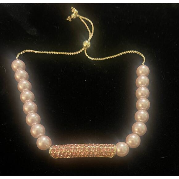 Pink Rhinestone Faux Pearl Gold Tone Adjustable Bracelet - Picture 1 of 3